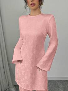 Elenzga Conjunto de 2 piezas con blusa larga y pantalón recto texturizado para mujer. Blusa con cuello, manga larga, cintura entallada y abertura lateral. Conjunto elegante y formal, estampado aleatorio. - Rosa - Ver 3
