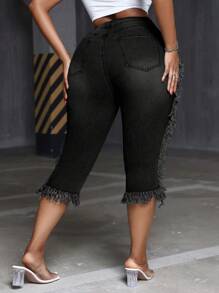 SHEIN SXY 大码弹力性感磨边设计七分牛仔裤 - 黑色 - 查看 2