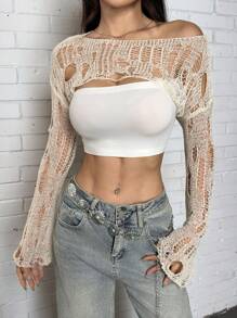 SHEIN EZwear Jersey de cuello de barco de manga larga sexy con unicolor y efecto desgastado para mujer