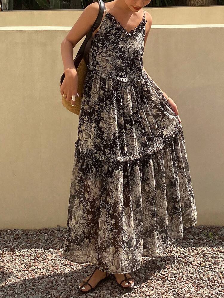 Women's Summer Ditsy Floral Maxi A-Line Strap Dress,Ruffle Boho
