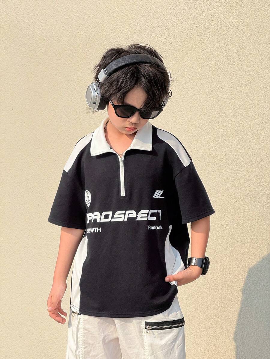 Tween Boy Casual Korean Style Comfortable Letter & Graphic Print Patched Contrast Color Polo Collar Half-Zip Loose Knit Top - Black and White - View 1