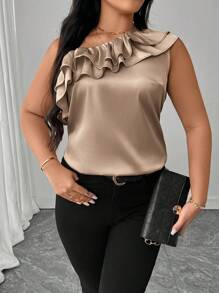 SHEIN Unity Plus Size Women's Elegant Vacation Style One-Shoulder Double Ruffle Trim Blouse, Spring/Summer - Apricot - View 5