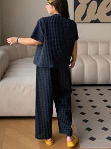 Dazy Plus Plus Size Flat Collar Plaid Loose Cartoon Pattern Short Sleeve Top And Loose Pants Pajama Set, Outfits