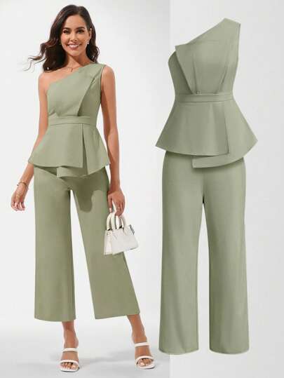Ellevyn 1pc Women 2 Pieces Set: Asymmetrical Ruffle Waist Jumpsuit