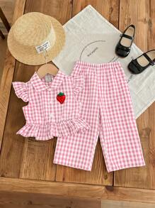 SHEIN LMoss Kids Babygir Thời trang giản dị L mùa hè dễ thương kẻ sọc mũ tay áo quần phù hợp - Hồng - Xem 8