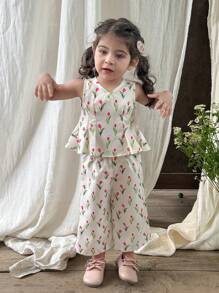 LMoss Kids 2 件装女婴雪纺 V 领碎花上衣和宽松休闲裤套装