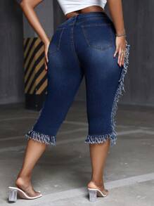 SHEIN SXY 大码弹力牛仔裤 3/4 裤 带磨边 - 深色水洗藍 - 查看 2