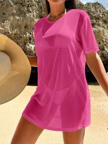 Swim Vcay Women's Solid Color Short Sleeve Round Neck Cover Up, Fashionable For Summer