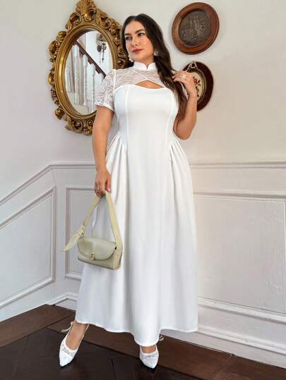 SHEIN Privé 大码女式优雅简约精致浪漫通勤和日常新中式立领蕾丝拼接泡泡袖侧褶 A 字中长连衣裙