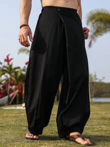 Manfinity Nomadique Men's Solid Color Asymmetric Front Design Wide Leg Casual Pants , Baggy Pants Men Pants , Men Wide Leg Pants , Men Baggy Pants , Men Pants Loose Fit