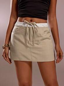 Forever 21 Women's Summer Casual Striped Patchwork Drawstring Waist Skirt - Khaki - View 1