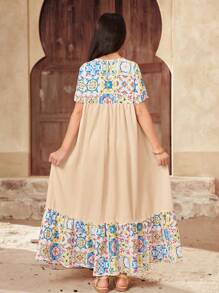 SHEIN Sukienka dziewczęca z luźnym krojem i okrągłym dekoltem w stylu wakacyjnym w blokach kolorów - Musztardowy żółty - Zobacz 2