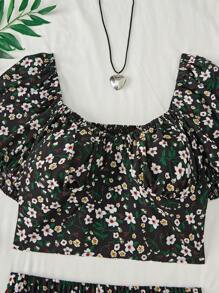 Flirla 2pcs/Set Ditsy Floral Ruffle Sleeve Top And Mini Skirt - Black - View 4