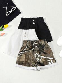 SHEIN Young Girl Casual Comfortable Ruffled Waist Multicolor Denim Shorts,Holiday,Summer,Travel - Multicolor - View 1