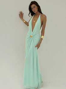 Aloruh Women Solid Color Halter Pleated Sexy Backless Dress Summer Summer Outfits Summer Clothes Beach Outfits For Woman  Beach Vacation Vacation Outfits Woman Boho  Tropical Vacation Woman Clothe  Tropical Vacation Woman Clothe Backless Mesh Lake Blue Deep V Mesh Long Dress With Metal Shell Decoration For Slimming Effect Backless Metal Shell Decoration At Waist Deep V,Summer Dresses For Women,Party Dress