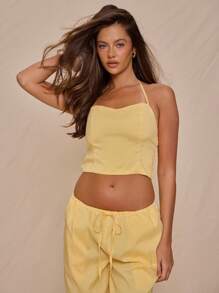 MUSERA Camiseta ajustada sin mangas de guinga larga en estilo halter solo para primavera y verano, vacaciones, bonito y elegante