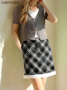 2pcs/Set Teen Girl Ribbed Knit 2 In 1 Top & Plaid Ruffle Hem Snug Fit Skirt Suit, Casual Summer Outfit - Grey - View 4