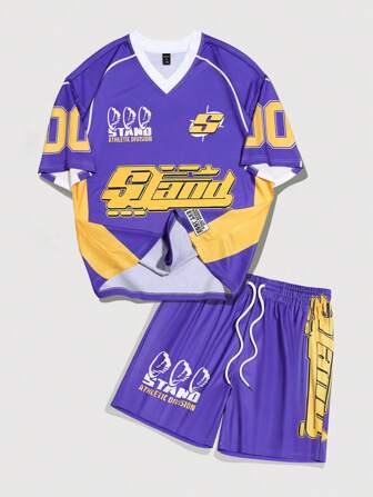 Prep Ensemble de t-shirt de sport et short à imprimé lettres en bloc de couleur pour hommes