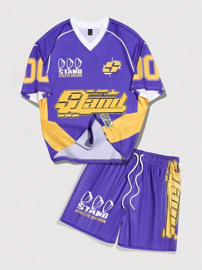 Prep Men's Jersey Colorblock Letter Print Sports T-Shirt And Shorts Set