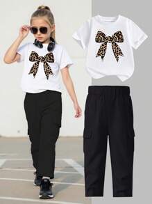 2pcs/Set Girls Young Girl Leopard Bow Print Casual Short Sleeve T-Shirt And Cargo Pants, Summer - Multicolor - View 1