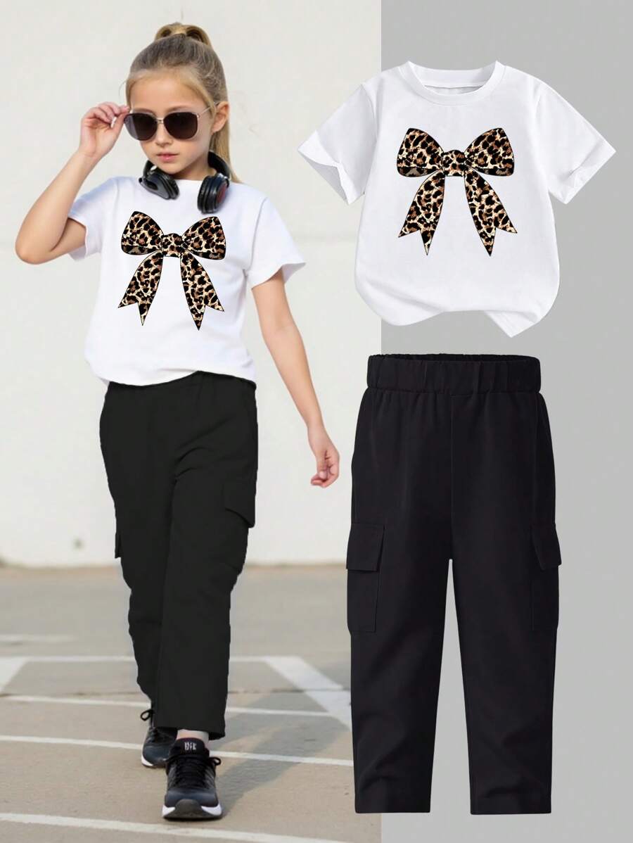 2pcs/Set Girls Young Girl Leopard Bow Print Casual Short Sleeve T-Shirt And Cargo Pants, Summer - Multicolor - View 1