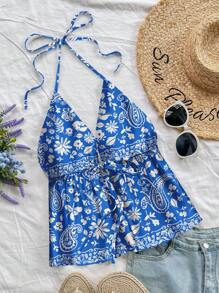 Soleia Women's Coconut Island Retro Paisley Bohemian Style Floral Print Casual Halter Backless Beach Tank Top, Suitable For Summer - Blue - View 5