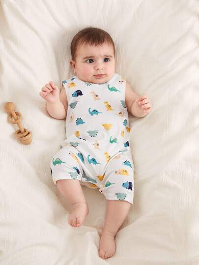 SHEIN 2pcs/Set Summer Newborn Baby Boy Green Solid Sleeveless Jumpsuit & White Cartoon Animal Print Jumpsuit Shorts 2-Piece Outfit, 0-3 Months