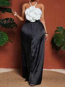 Maweii Tuta elegante con scollo alla halter, motivo floreale, dettagli in perle, ideale per eventi serali, abito da donna taglie comode