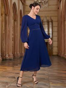 Modelyn Women's Solid Color V-Neck Lantern Sleeve Waist Cinched Elegant Dress - Navy Blue - View 2