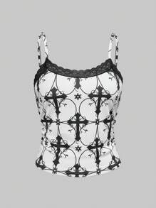 ROMWE Gothic Cross Print Camisole And Shorts Loungewear Set - White - View 6