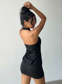 Aloruh Y2K Women's Sexy Bodycon Halter Mini Dress With Metal Buckle Decor, Black, Daring And Revealing,Rave Outfits Festival,Summer Dresses For Women