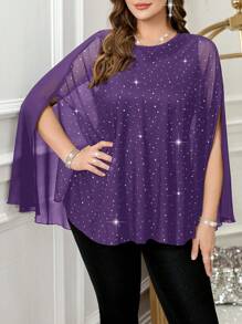 SHEIN Clasi Plus Size Women's Rhinestone Embellished Batwing Loose Elegant Blouse - Purple - View 3