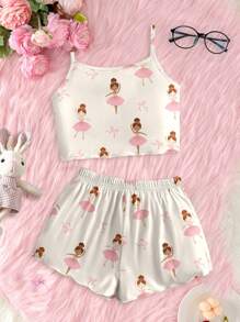 SHEIN Jonge meisjes strik & ballerina grafische casual camisole top & shorts loungewear set, geschikt voor de zomer