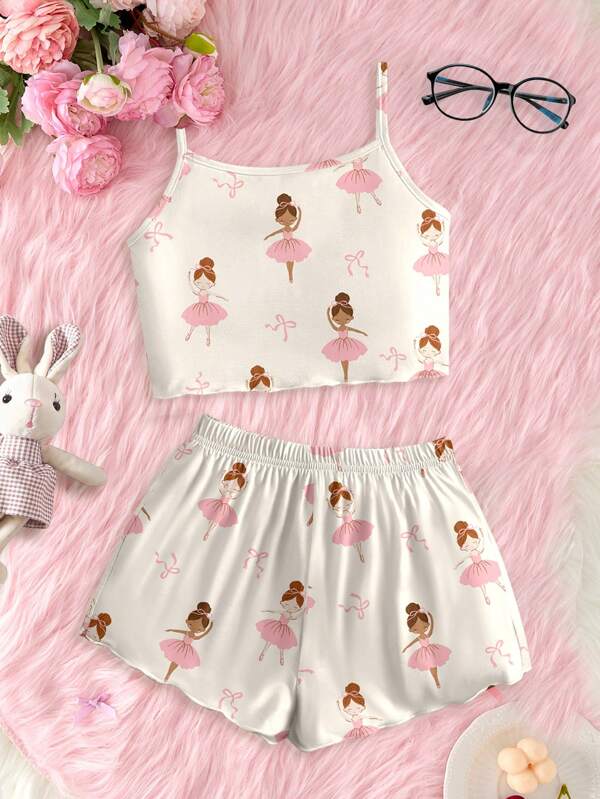 SHEIN Jonge meisjes strik & ballerina grafische casual camisole top & shorts loungewear set, geschikt voor de zomer