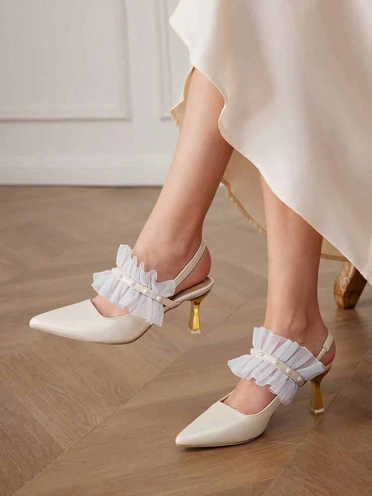 CUCCOO HITCHD Pointed Toe Faux Pearl Strap Backless High Heel Ladies' Pumps For Christmas And New Year Holiday Vibe Fall And Winter