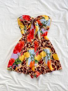 Soleia 女士热带海滩巡航假日豹纹水果花卉吊带前系腰阔腿连体裤 - 彩色 - 查看 6