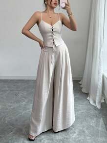 Selianne 优雅卡其色吊带背心和松紧腰阔腿裤套装，女士春夏 - 灰色 - 查看 6