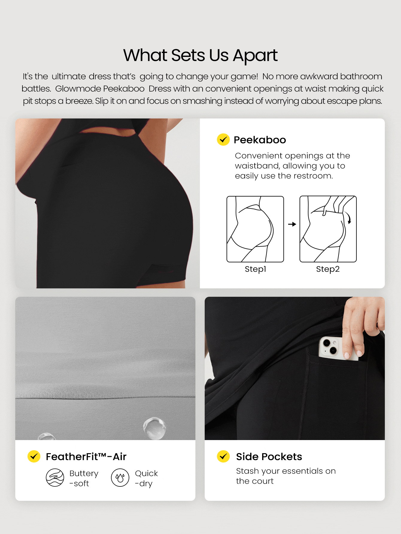 GLOWMODE فستان مصغر بخط A مع شريطية إقرأ أحرف خفية وطبقة داخلية من الشورت مقاس كبير FeatherFit™-Air لليوغا ذات التأثير المنخفض اليومي
