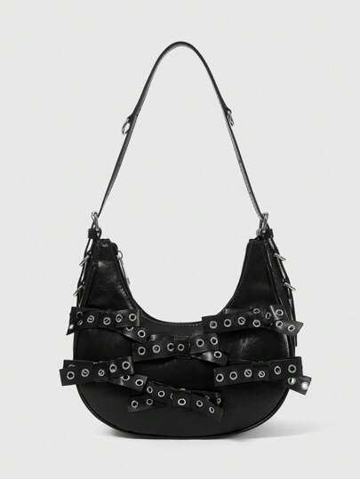 Goth Bolso de hombro de mujer con detalles de lazo de ojal negro, estilo punk, gótico y edgy para uso diario, bolso de chica de rock alternativo, Halloween