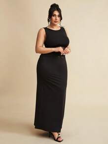 SHEIN BAE 大码女式黑色优雅蕾丝拼接真丝连衣裙/音乐节/海滩度假/婚礼派对礼服，女士生日礼服 - 黑色 - 查看 4