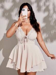 Viva Relle Plus Size Women's Elegant Suspender Tied Lace Decor Fashionable Jumpsuit, Versatile Spring/Summer New Arrival, Short Style - Apricot - View 4