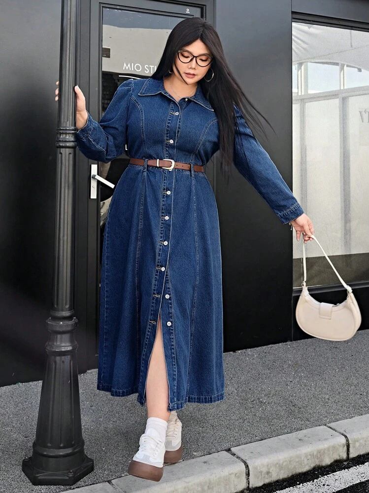 SHEIN ICON Vestido de verano de tela vaquera para tallas grandes, elegante y apropiado para el verano - Azul lavado medio - Añade 4