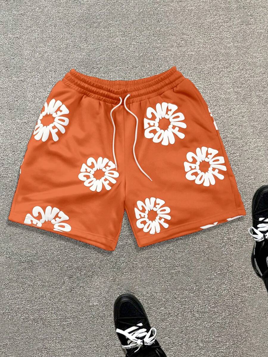 Manfinity EMRG 男士字母印花抽绳腰休闲百搭短裤 - 橘色 - 查看 1