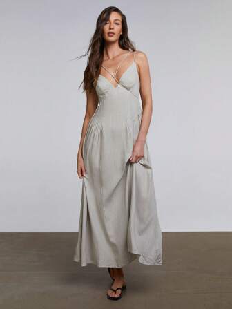 Athîral Kvinnor lång enfärgad Spaghetti Strap Klänning, moderiktig för sommaren