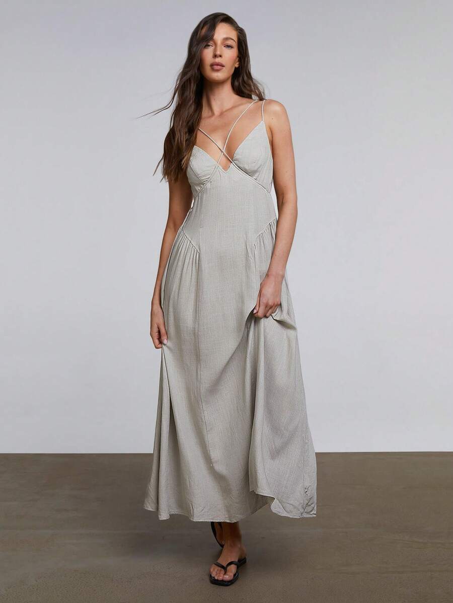 Athîral Women Long Solid Color Spaghetti Strap Dress, Fashionable For Summer,Summer Dresses For Women - Khaki - View 1