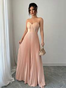 Selianne 女士优雅浪漫褶饰腰部A字下摆无袖连衣裙 - 卡其色 - 查看 4