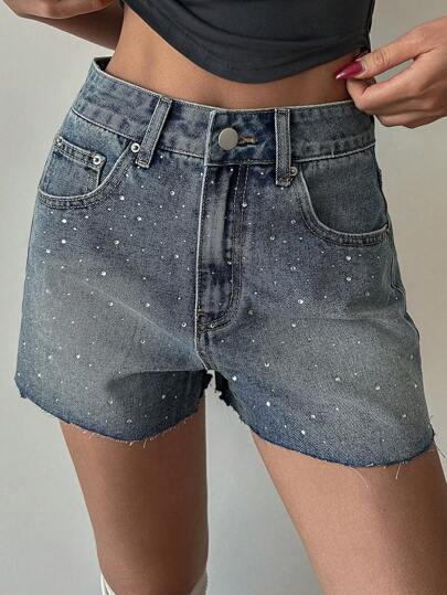 DAZY 女士夏季流苏水钻休闲牛仔短裤，性感亮片牛仔短裤