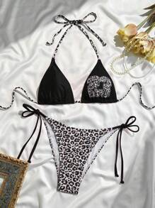 Swim EVENT Springbreak New Autumn/Winter Women Sexy Bikini Set, 2pcs - Top With Halter Neck Tie And Side Textured/Leopard Print Fabric Design, Bottom With Side Tie Briefs In Mixed Leopard Print And Textured Fabric Design. Fashionable Party/Music Festival/Beach/Pool Swimwear For Summer Beach Vacation - Black - View 3