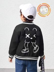 SHEIN Young Boy Cartoon Graphic Striped Trim Bomber Jacket - Black - View 8