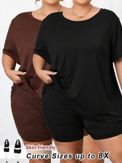 SHEIN CURVE+ CURVE 4 delar/set Plusstorlek Dam Enfärgad Kortärmad T-shirt & 3/4 Byxor Outfit, Curve Plus, Boho Semester Strandkläder För Kvinnor/Strand/Strandsemester Outfits/Strandnyttigheter/Examen/Tebjudning